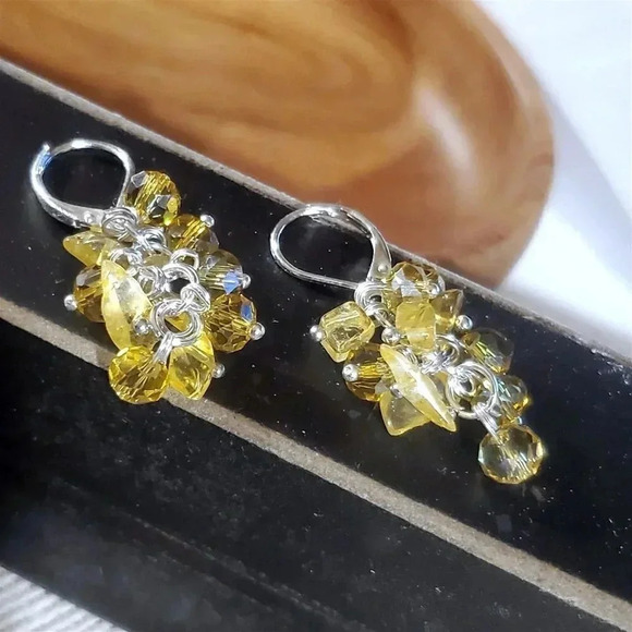 Handcrafted Natural Citrine Gemstone Czech Crystal Beads Silver Plated Earrings - Picture 7 of 13